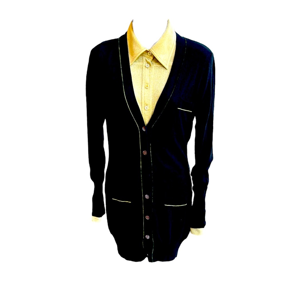 WHO black with yellow/gold trim, button up,long cardigan, size 1/S